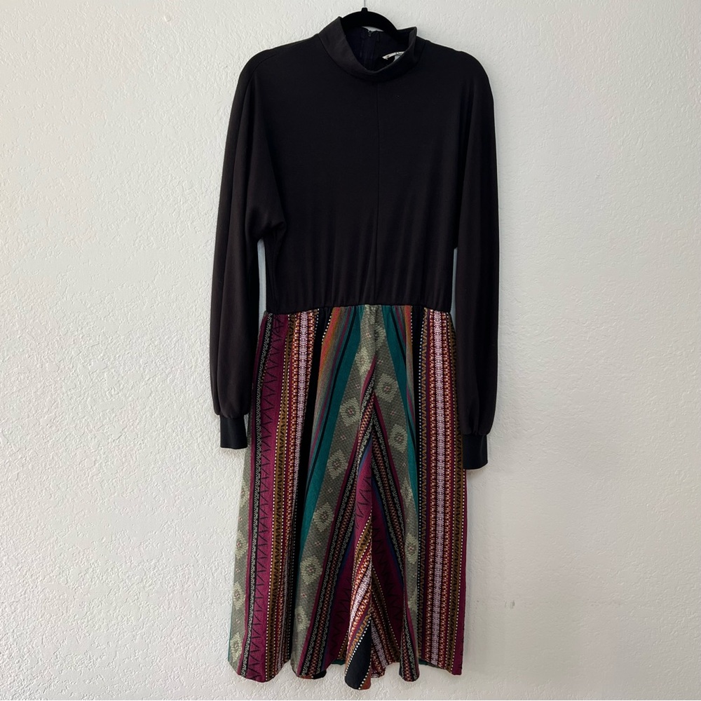 VTG Orvis Mock Neck Dress Aztec Patchwork Pockets Made USA Black Women's Size 12